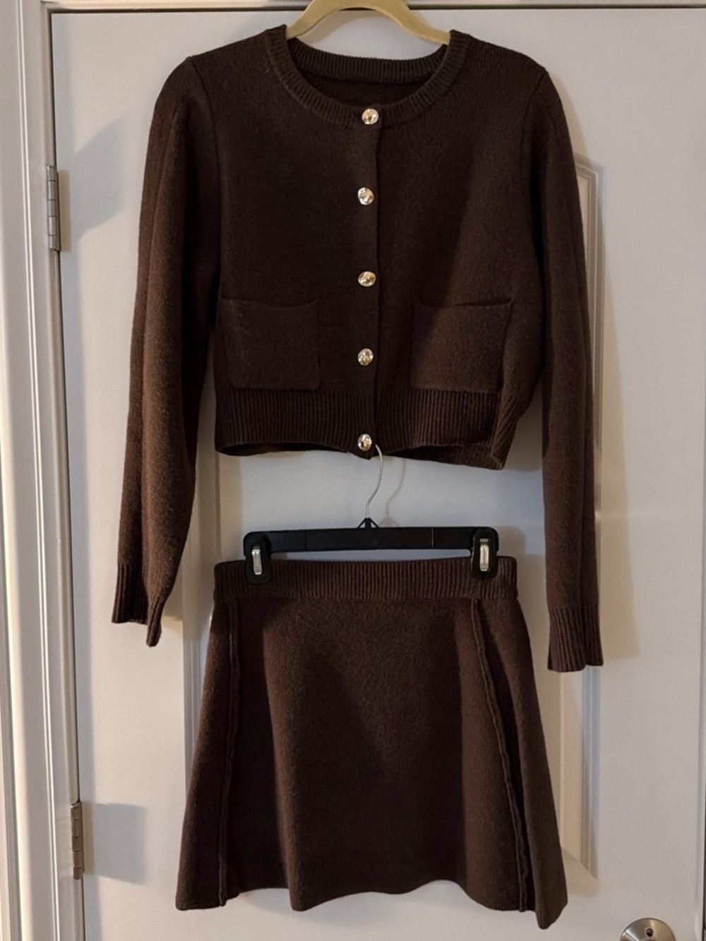 Commense Brown Knit Cropped Cardigan & Skirt Set